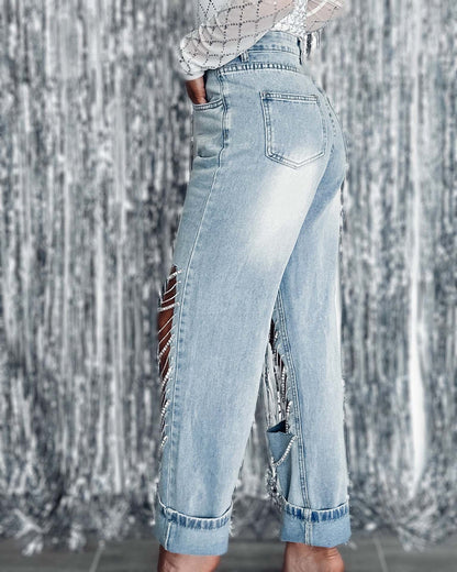 Ripped Straight Leg Jeans | Chain Detail | High Waisted Distressed Denim | noémi