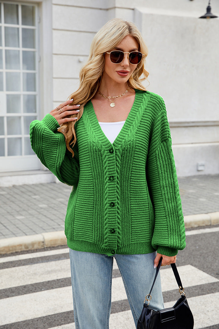 V Neck Cable Knit Cardigan | Loose Fit, Long Sleeve Sweater Coat | noémi