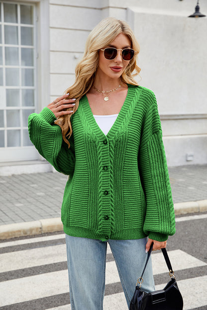 V Neck Cable Knit Cardigan | Loose Fit, Long Sleeve Sweater Coat | noémi