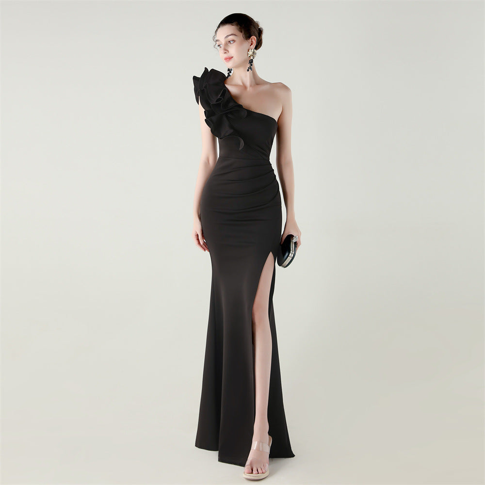 Womens One Shoulder Satin Gown | Floral Detail with High Slit | noémi