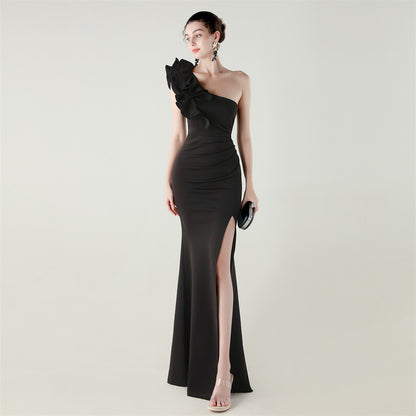 Womens One Shoulder Satin Gown | Floral Detail with High Slit | noémi