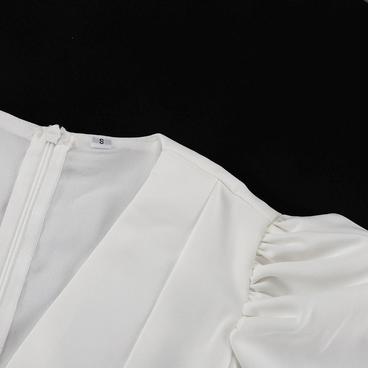 Puff Sleeve Midi Dress | White Fit & Flare with VNeck | noémi