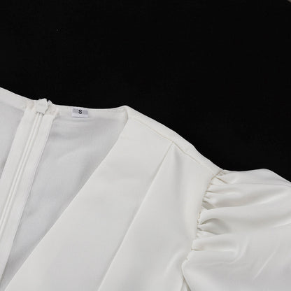 Puff Sleeve Midi Dress | White Fit & Flare with VNeck | noémi