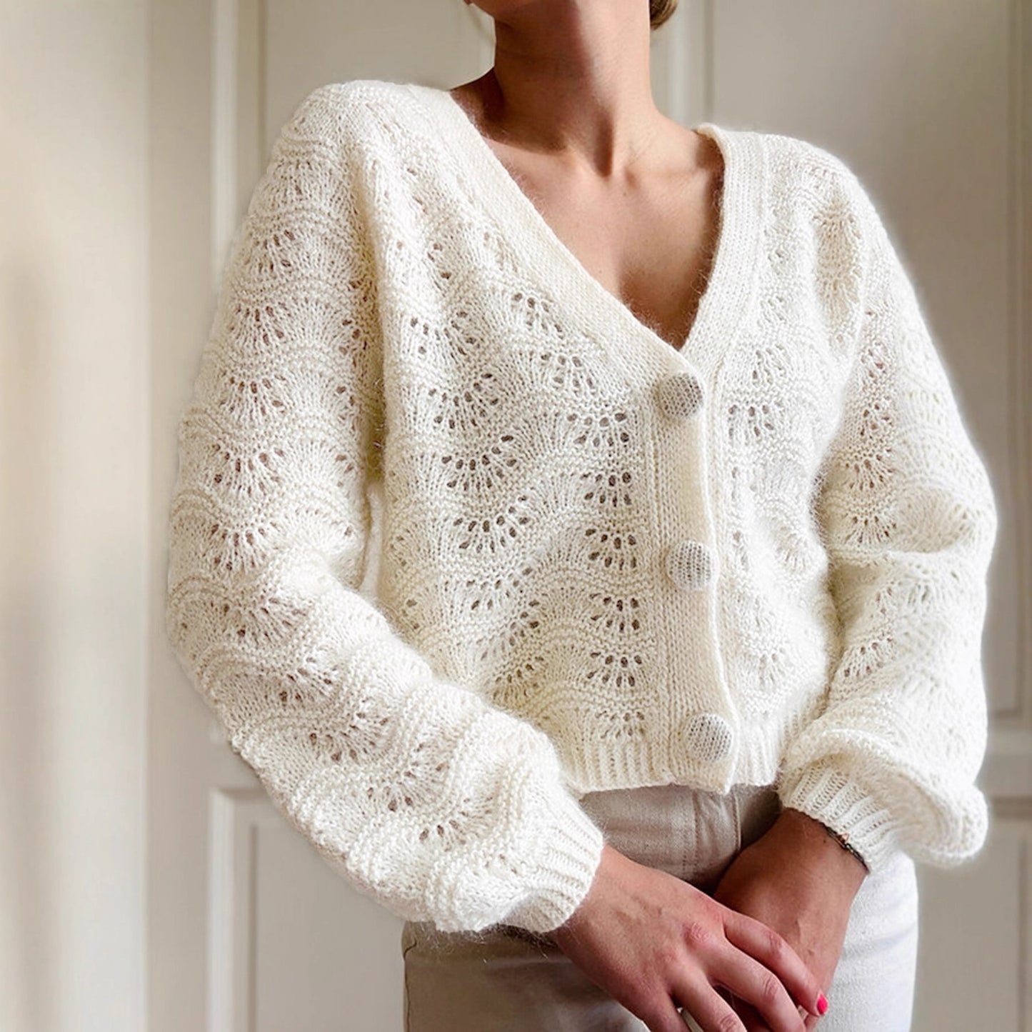 White V Neck Knit Sweater | Cropped Loose Fit | Long Sleeve Hollow Out | noémi