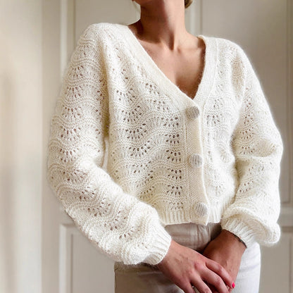White V Neck Knit Sweater | Cropped Loose Fit | Long Sleeve Hollow Out | noémi