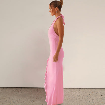 Womens V Neck Halter Dress with Split Back Detail | noémi