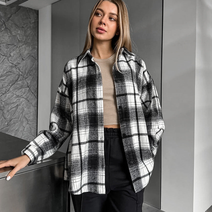 Retro Classic Plaid Shirt | Black White Checkered Long Sleeve Top for Women | noémi