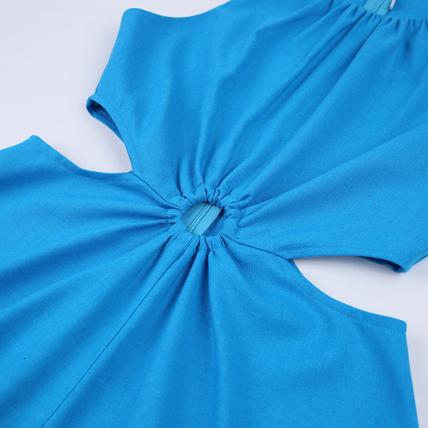 Summer Romper | Halter Neck Cutout Playsuit in Cotton Linen, Backless, Sleeveless, Casual Blue | noémi