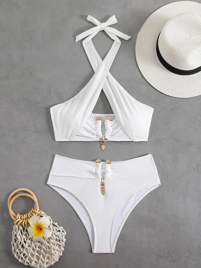 High Waist Tube Top Bikini with Solid Color Snake Print | noémi