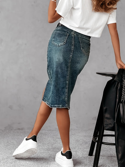 Stretch Denim Midi Dress | Washed Blue, Bodycon Fit, Front Slit, Pencil Silhouette | noémi