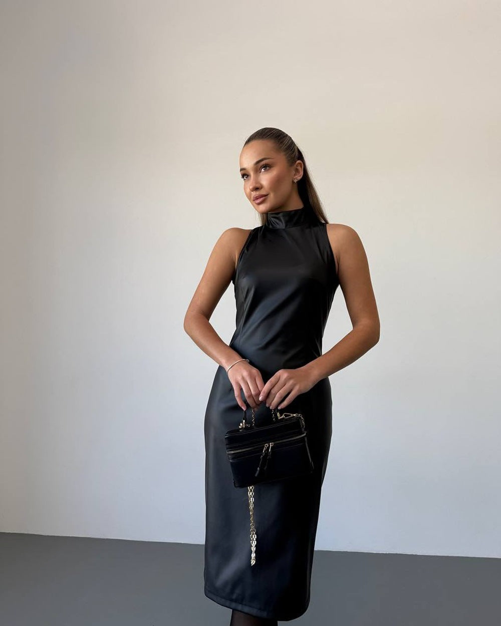 Sleeveless | Stand Collar | Side Split | Slim Fit | Faux Leather Dress | noémi