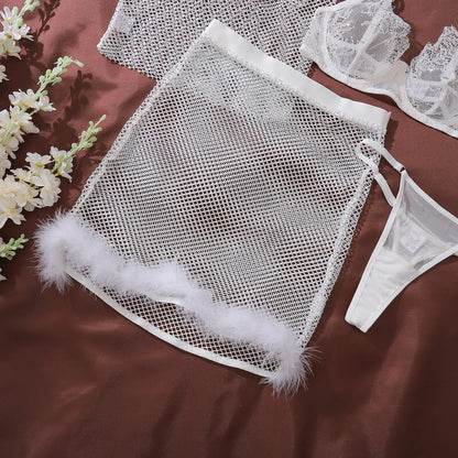 Mesh Feather Trim Body Shaping Suspenders Four Piece Underwear Set with Split Design | noémi