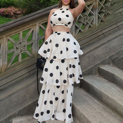 Polka Dot Summer Set | Halter Crop Top with High Waist Flounced Skirt | noémi