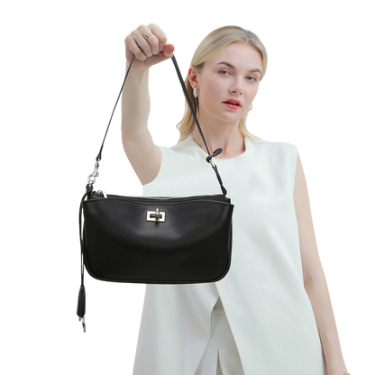 Women’s Black Messenger Shoulder Bag – Faux-Leather, Silver Buckle, Office-Ready | noémi