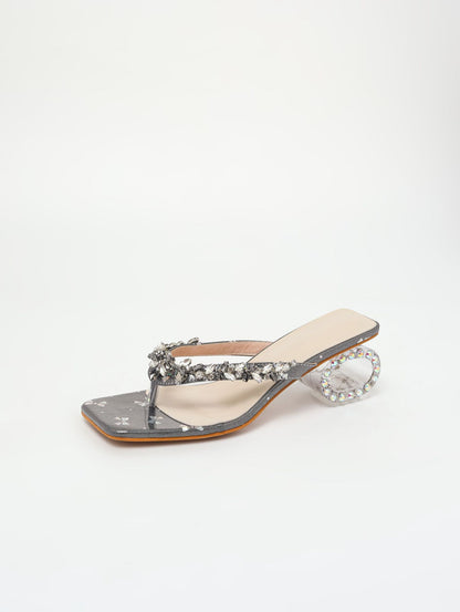 Cross Strap Square Toe Sandals | Heels with Chunky Crystal Heel | noémi