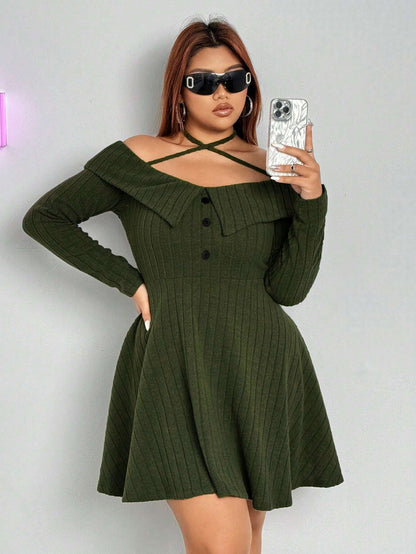 Off Shoulder Ribbed Knit Mini Dress with Criss Cross Halter Straps | noémi