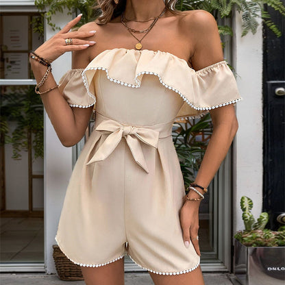 Off Shoulder Ruffle Romper | Beige Summer One Piece with Waist Tie | noémi