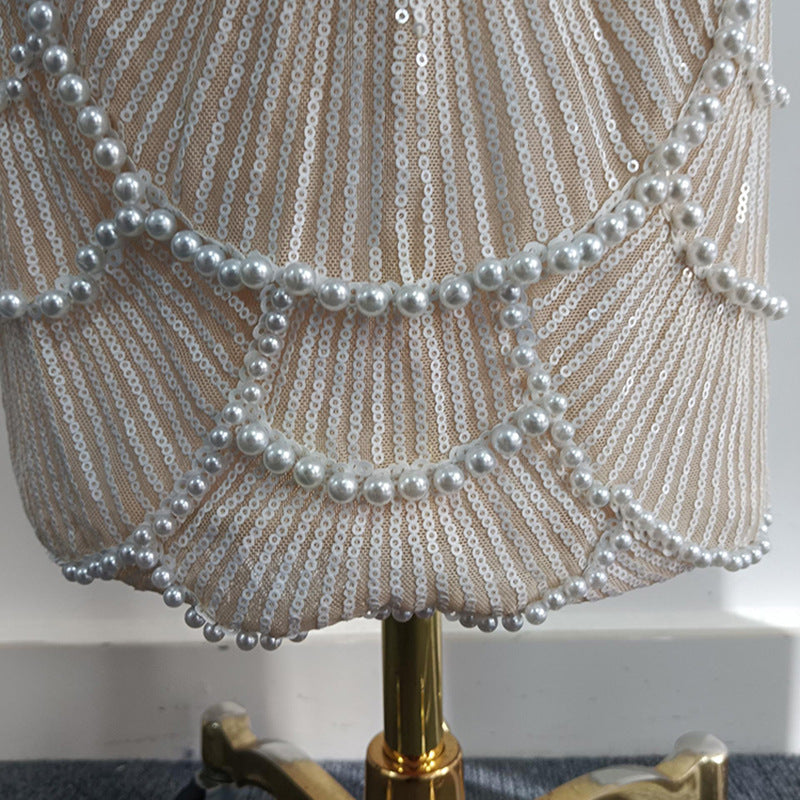 Pearl Embellished White Midi Dress | Strapless Cutout Gown with Beaded Detail | noémi