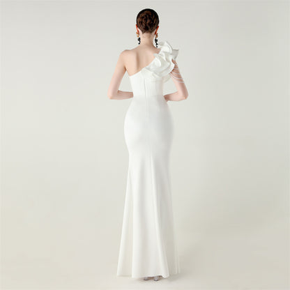 One Shoulder Ruffle Dress with High Slit | Craft Beaded Floral Satin Detail | noémi