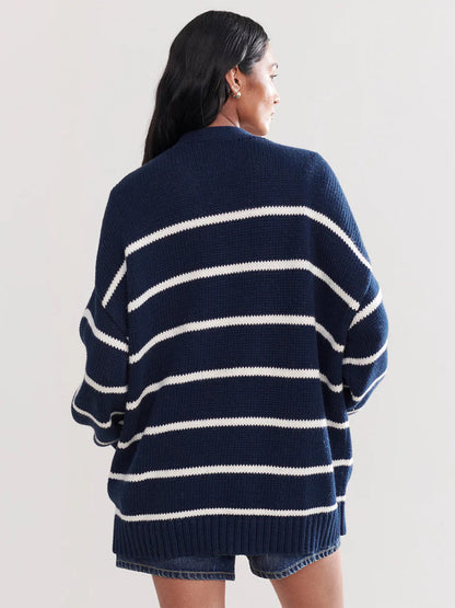 Striped Knit Cardigan for Women | Cozy V Neck Button Up Sweater | Cotton | noémi