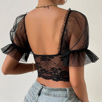 Mesh Lace Floral Puff Sleeve Crop Top | Sheer Outerwear for Women | noémi