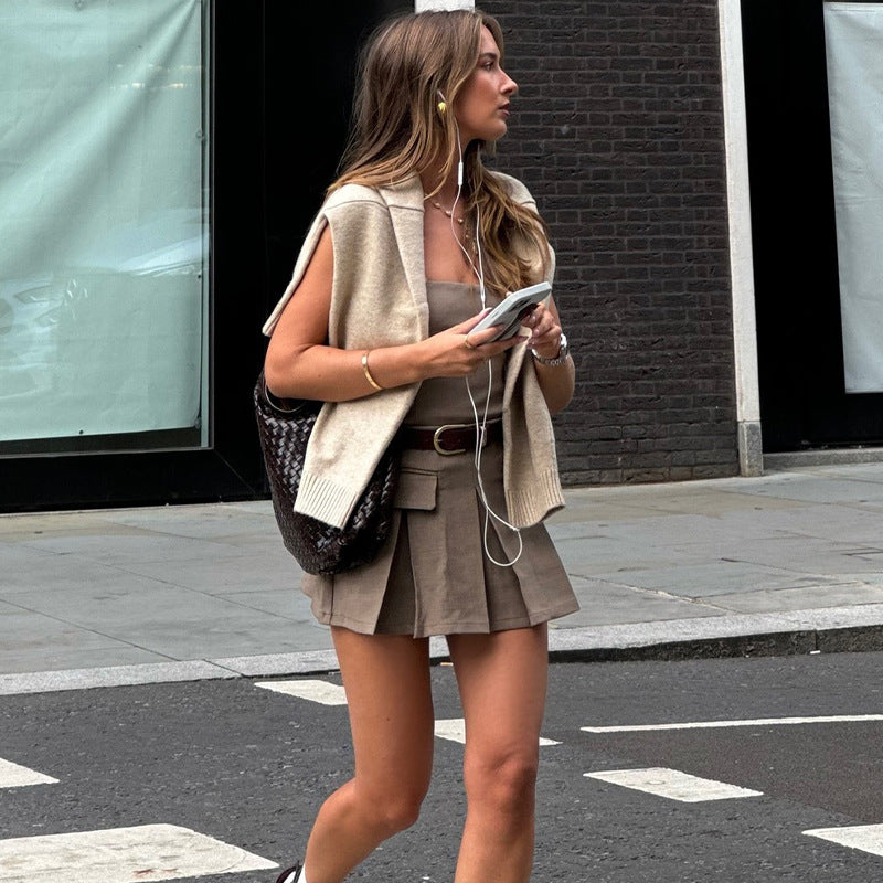 Strapless Belted Pleated Mini Dress | Taupe Dress | noémi