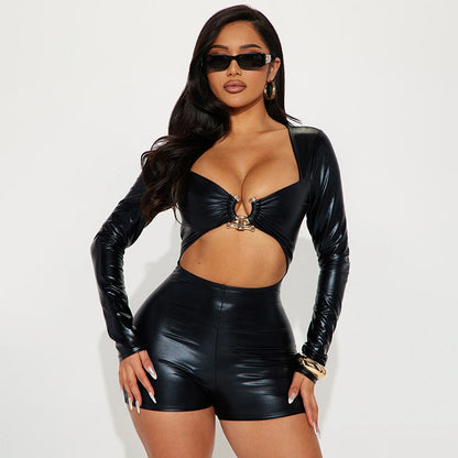 Womens Leather Jumpsuit | Long Sleeve Cropped Romper with Hollow Out  Metal Ring | noémi