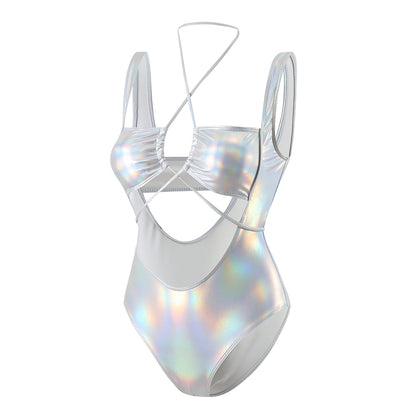 Laser Glossy One Piece Swimsuit with Hollow Drawstring Cutouts | noémi