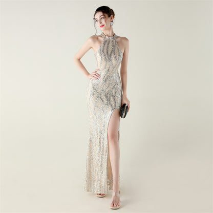 Womens Beaded Sequin Mesh Dress | Strapless Fishtail Maxi Dress | noémi