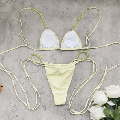 Three Point Low Waist Bikini Set in Solid Color with Back Tie Design for Women | noémi