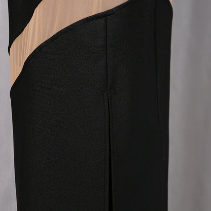 Womens Black Tube Dress with Side Slit and Sheer V Neck Detail | noémi