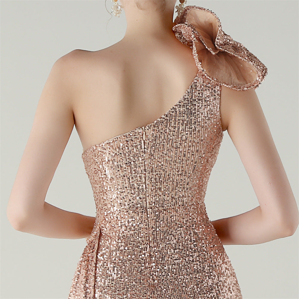 Womens One Shoulder Sequin Beaded Fishtail Gown | Floral Detail, Slim Fit | noémi