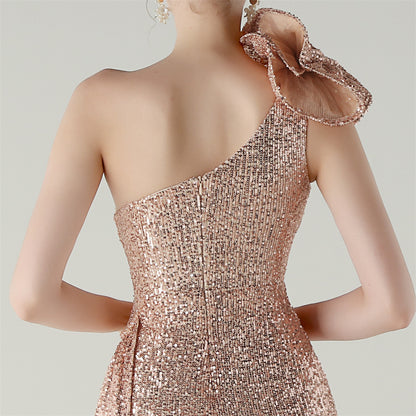 Womens One Shoulder Sequin Beaded Fishtail Gown | Floral Detail, Slim Fit | noémi