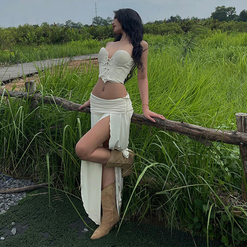 Two Piece Set | Lace Up Crop Top Pleated Slit Skirt | Low Waist | noémi