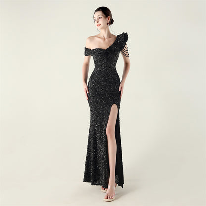 One Shoulder Ruffled Sequin Gown | noémi