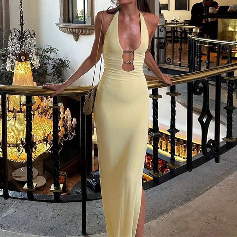Halter Dress | Hollow Out Slim Fit Maxi with Iron Chain Detail & Side Slit | noémi