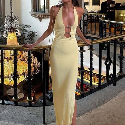 Halter Dress | Hollow Out Slim Fit Maxi with Iron Chain Detail & Side Slit | noémi