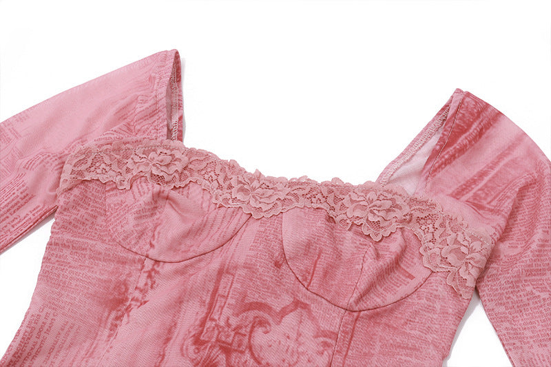 Womens Low Cut Backless Square Collar Retro Slim Fit Long Sleeve Dress | noémi