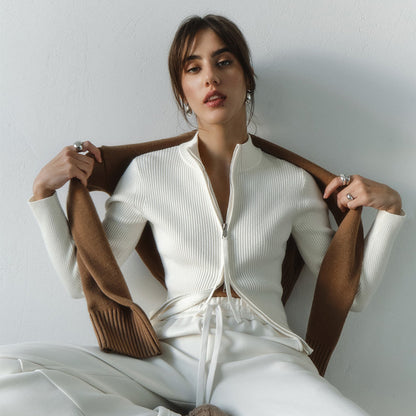 Womens Slim Fit Ribbed Knit Zipper Cardigan | Stand Collar | noémi