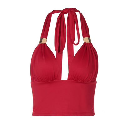 Women's Deep V Plunge Halter Crop Top with Metal Accent | Backless, Tied Tube Style | noémi