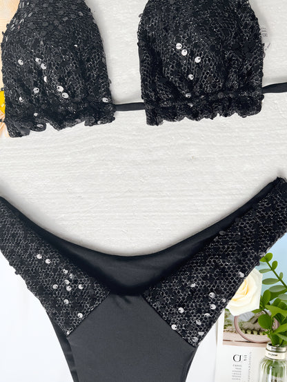 Double Strap Bikini Set with Solid Color and Sequin Detail | noémi