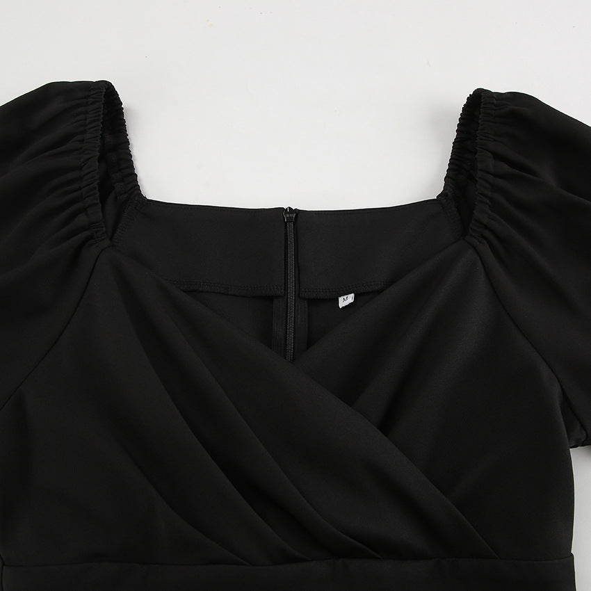 Long Sleeve V Neck Slim Fit Dress with Pleated Waist and Side Slit | noémi