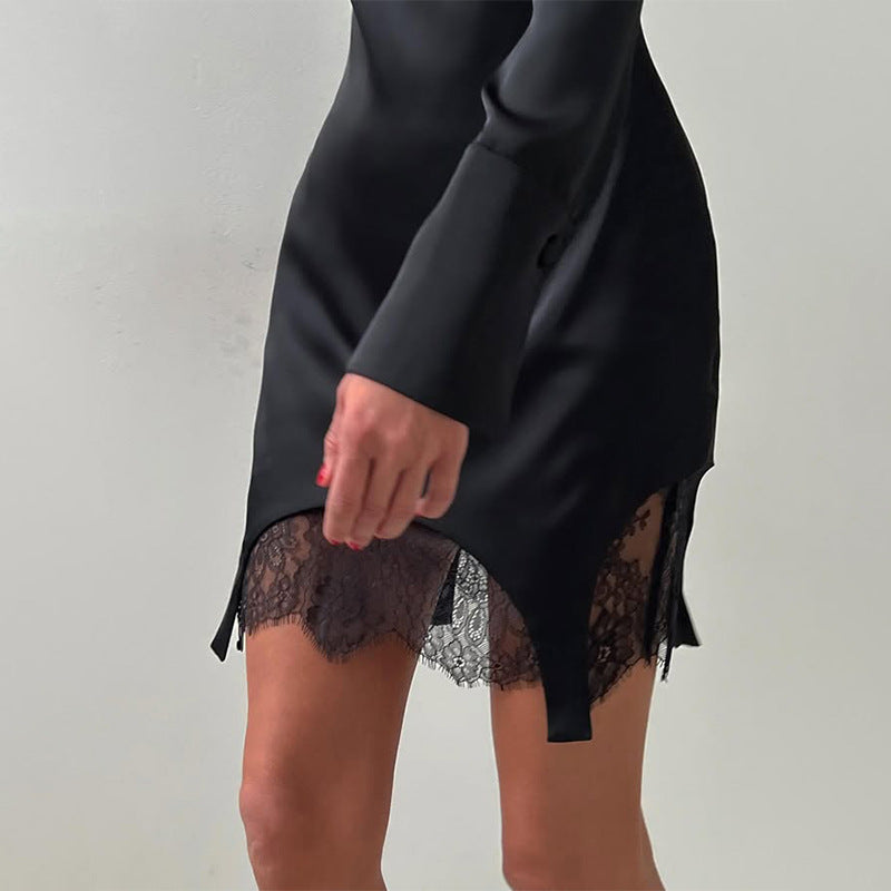 Satin Lace Stitch Dress | Slim Fit Long Sleeve Gown | noémi