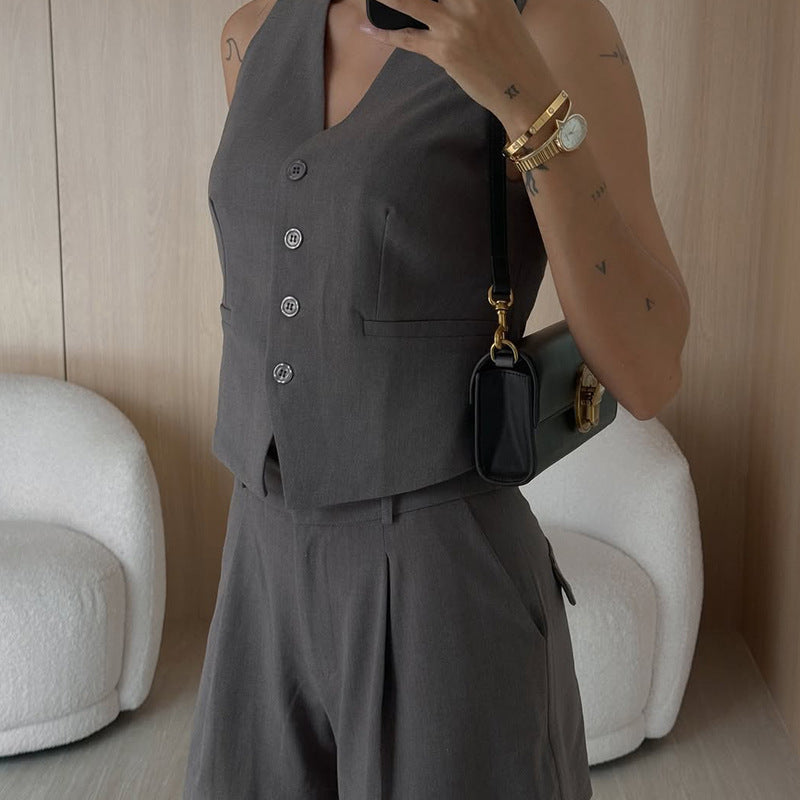 2 Piece Vest & Shorts Set | Sleeveless Button Top & High Waist Shorts | noémi