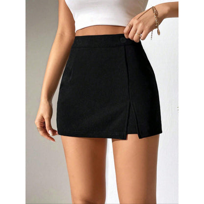 Women's Black High Waisted Skort | Chic Mini Skirt Shorts with Front Slit & Hidden Zipper | noémi