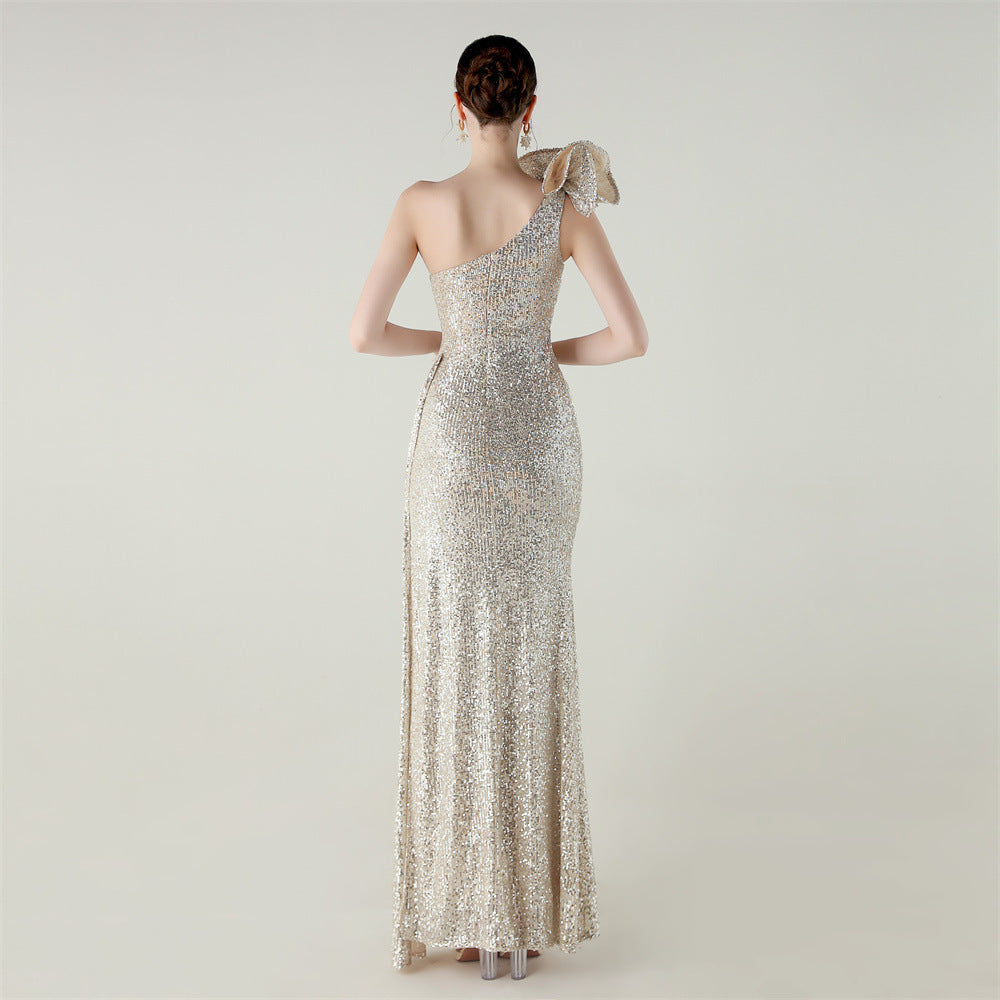 Womens One Shoulder Sequin Beaded Fishtail Gown | Floral Detail, Slim Fit | noémi