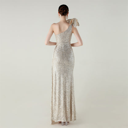 Womens One Shoulder Sequin Beaded Fishtail Gown | Floral Detail, Slim Fit | noémi