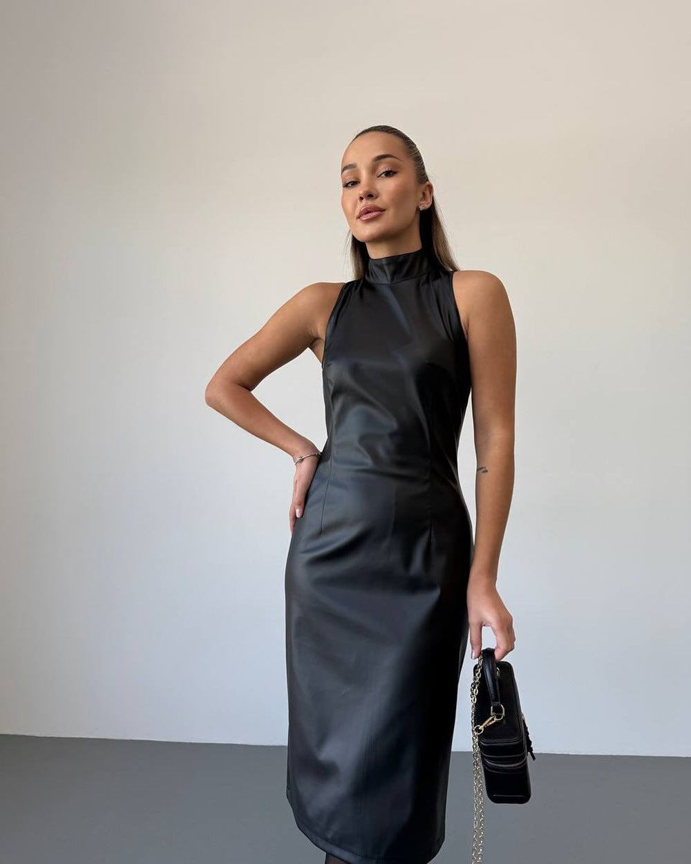 Sleeveless | Stand Collar | Side Split | Slim Fit | Faux Leather Dress | noémi