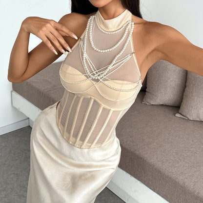 Pearl Embellished Corset Satin Maxi Top | Backless Halter | noémi
