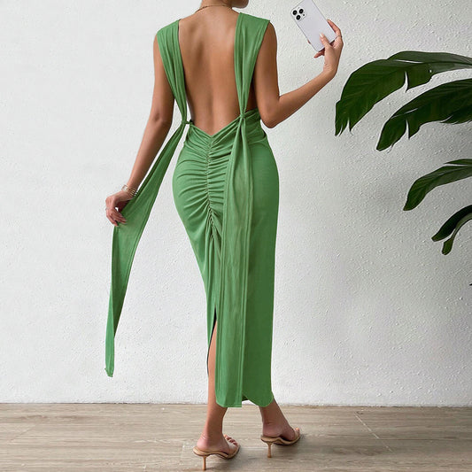 Backless Ruched Halter Maxi Dress | Sage Green | noémi